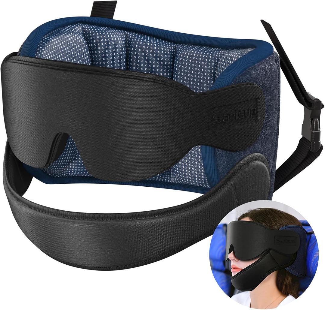Sarisun Travel Pillows for Airplanes with Sleep Eye Mask, Chin Strap, Airplane Pillow for Long Flights, Car Road Trip, 360 Headrest, Stop Bobblehead, FSA HSA Eligible, Mottled Blue