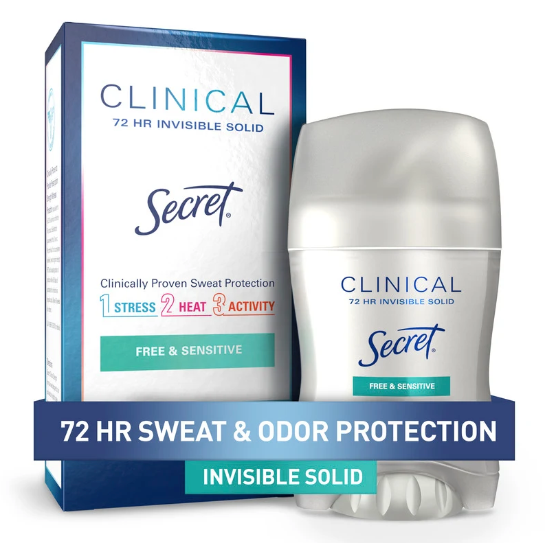 Secret Clinical Strength Antiperspirant Deodorant for Women, Free & Sensitive, 3X Stress Protection, 72hr Sweat & Odor Protection, PH Balancing Minerals, Invisible Solid, Unscented, 1.6 oz 