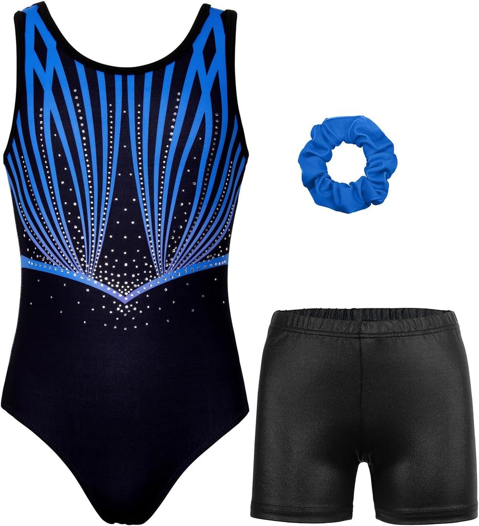Gymnastics Leotards for Girls with Shorts Sparkly Ballet Dance Activewear (4-5T, Black-blue Line Set)