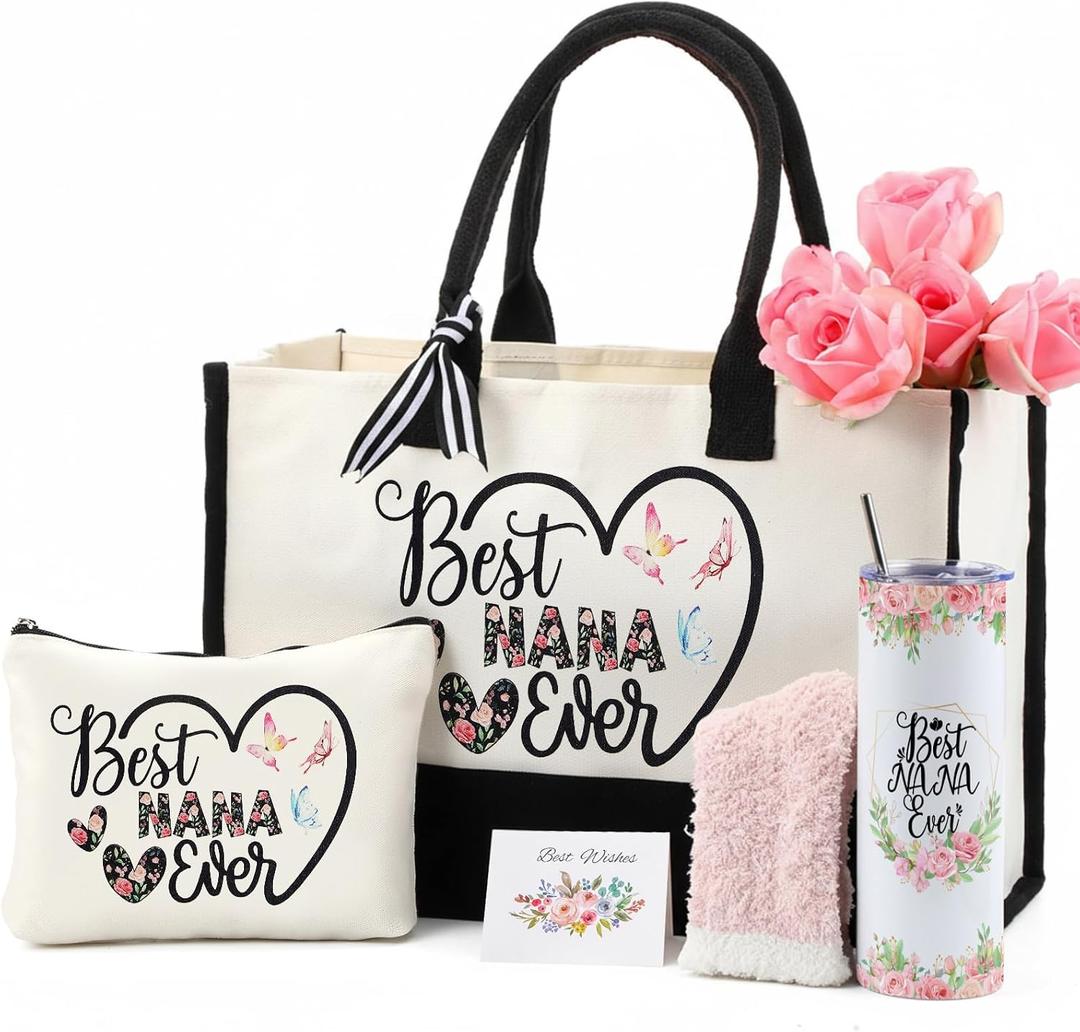Paterr 7 Pcs Best Grandma Nana Gifts 20oz Stainless Steel Tumbler Tote Bag Sock Keychain Gift Card for Birthday Mother's Day