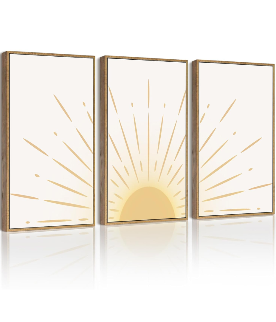 Drsoum 16x24in Boho Sun Wall Art Wood Canvas Framed Bohrmain Decor Nature Line Art Mid-Century Modern Prints Nursery Bedroom Kidsroom
