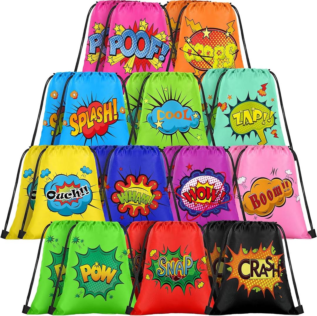Sadnyy 24 Pcs Hero Party Favors Bags Gifts for Birthday Party Decoration Supplies Comic Heroes Drawstring Backpacks Colorful Boom Wow Pow Goody Candy Treat Gift Bag Bulk, 12 Designs