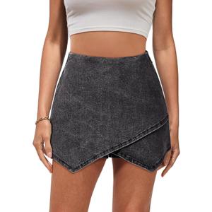 luvamia Jean Skorts for Woman High Waisted Pull On Stretchy Denim Wrap Skirt with Shorts Trendy Asymmetrical Skort (Large, Vintage Black)