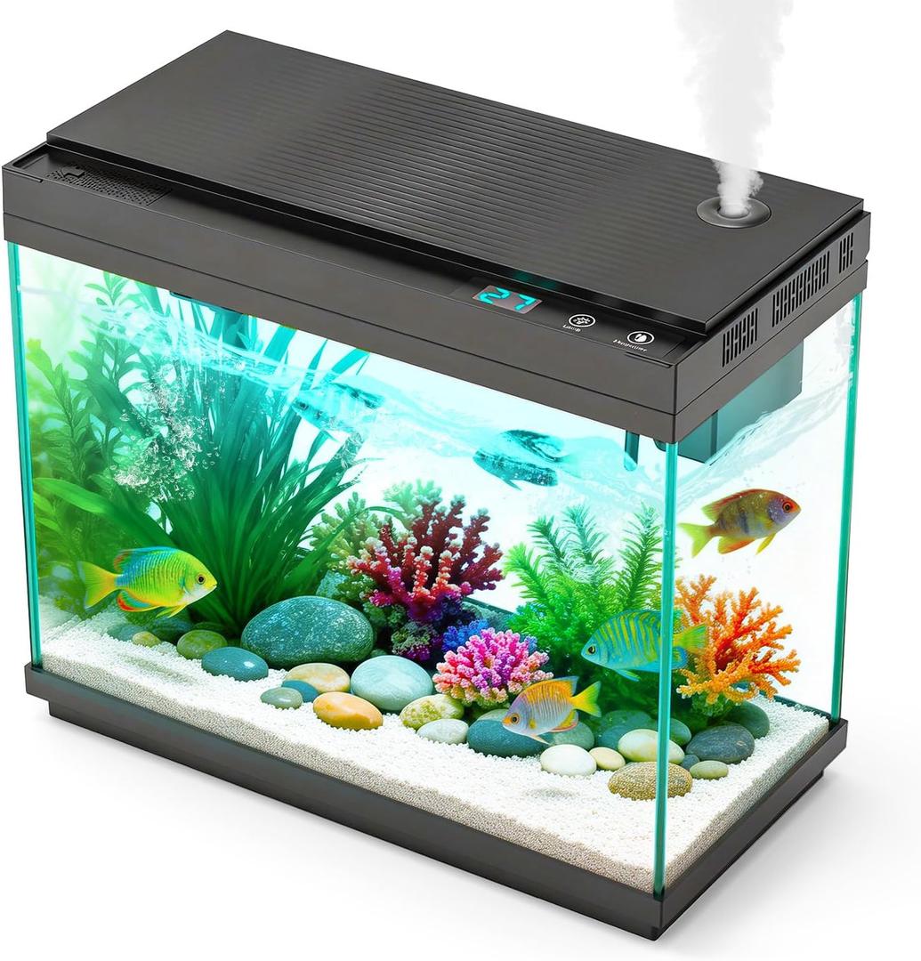 Smart Aquarium Fish Tank with Silent Water Pump, 2.4 Gallon Small Aquarium with Quick Start Kit, Temperature Display, Humidifier and RGB Lights, Perfect for Home, Office, and Decor (Black)