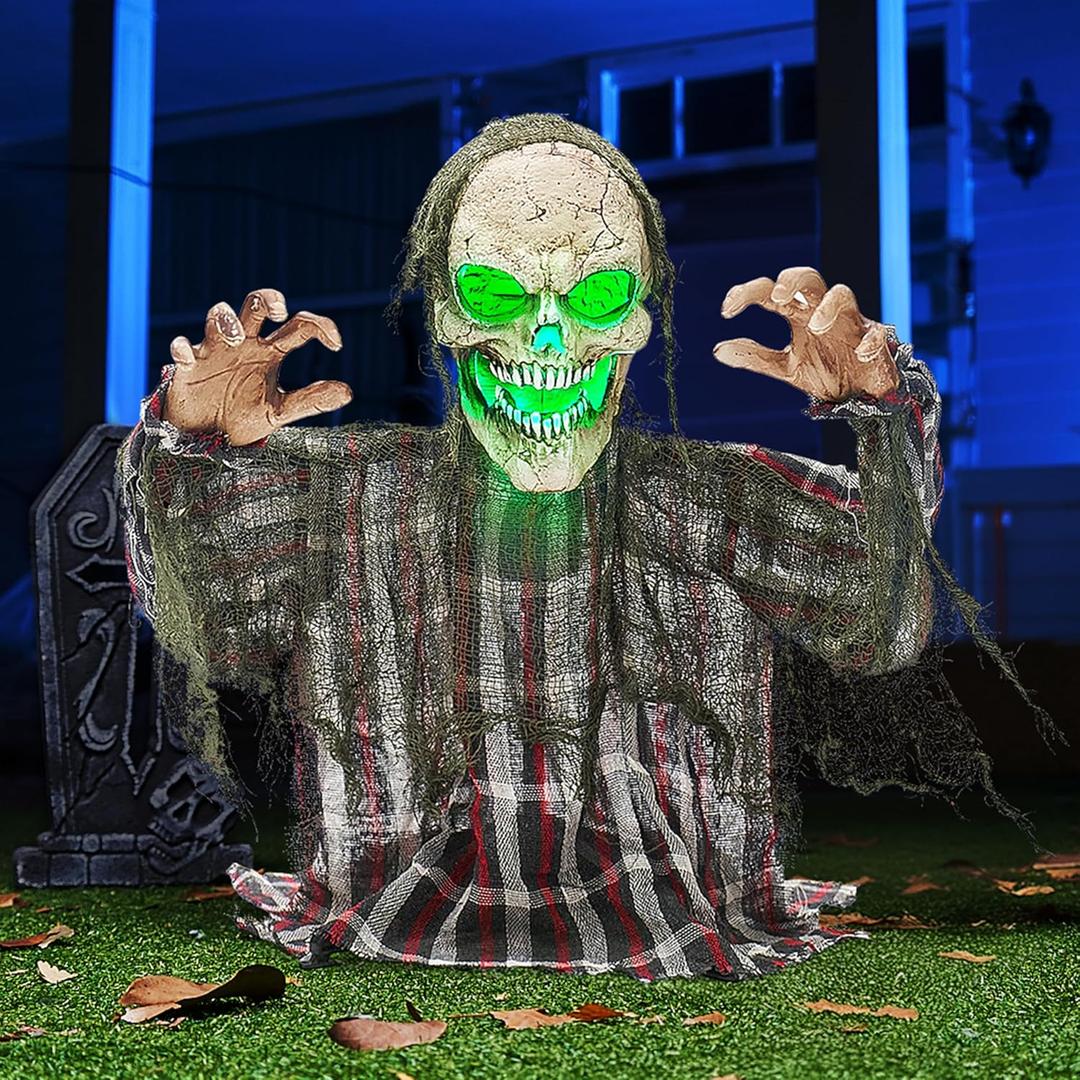 Halloween Animatronics Decorations Outdoor, Animated Zombie Groundbreaker Outside Decor, 25’’ Groundbreaker Skeleton Prop with Moving Arms & Green Light, Lawn Yard Haunted House Graveyard Decor