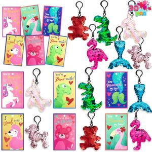 JOYIN 30 Pack Valentines Day Gift Cards with Gift Glitter Flip Sequin Keychain for Valentine's Classroom Exchange Prizes, Kids Party Favors