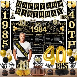 40th Birthday Decorations for Men [Back in 1985] - Black Gold Party Supplies Kit, Includes Backdrop, Sash, Centerpieces, Huge Door Banners, Number Balloons, Cake Toppers