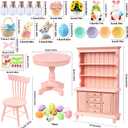Celltestria 38Pcs Easter Dollhouse Miniatures Decorations 1:12 Scale Mini Pink Wooden Bookshelf Furniture Set Tiny Bottles Flowers Table Chairs Rabbits Eggs Easter Spring Decor