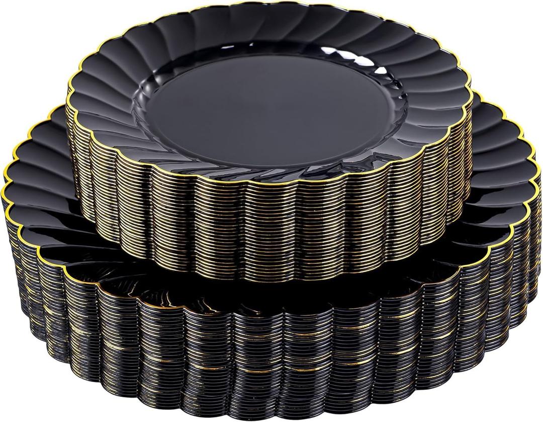 YOUBET 60PCS Black Scalloped Plastic Plates - Black and Gold Disposable Plates include 30 Gold Dinner Plate, 30 Dessert Plate for Party & Wedding