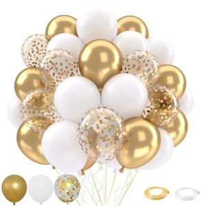 White and Gold Balloons Set,  Metallic Gold White Gold Confetti Latex Balloons Kit for Birthday Engagement Wedding Anniversary Party Decorations