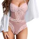 Avidlove Women Sexy Lingerie Sheer Lace Bodysuit V Neck Teddy Lingerie One Piece Mini Babydoll (Pink, XL)