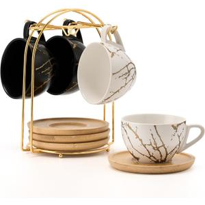 LUKA Ceramic Demitasse Espresso Cups Set with Saucers and Metal Stand, 8 oz Porcelain Stackable Cappuccino Cups Teacup For Tea, Espresso, Latte, Coffee, Cafe Mocha, Set of 4, White & Black