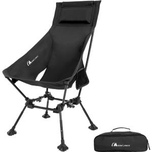 MOON LENCE Folding Portable High Back Camping Chairs for Adults, Adjustable Oversize Lightweight for Beach Hunting Hiking Backpacking (Black with Anti-Sinking Feet)