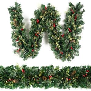 Christmas Garland with 50 Lights 9 Ft, Prelit Xnas Garland with Red Berry, Pine Cone, Cypress Leaf, Battery Operated Christmas Decor for Mantle Staircase Indoor and Outdoor