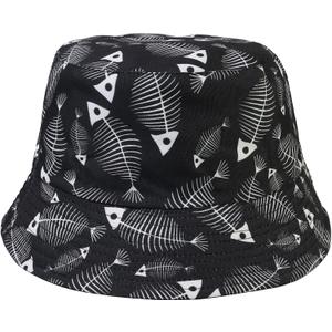 Reversible Bucket Hat for Men Women Summer Travel Beach Outdoor Fishing Hat 100% Cotton (One Size, J890-black-fish)