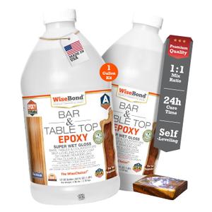 WiseBond Table Top Epoxy Resin 1 Gallon Kit, Made in USA, Food Safe Bubble Free, Anti-Yellow UV Resistant, Clear High Gloss, 2 Part 1:1 Mix Ratio, DYI Bar Tops, Countertop Surface Coating