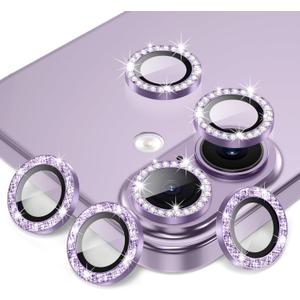 AGVEE 3+3 6 Pack for iPhone 17 6.3" Camera Lens Protector, Bling Diamond & Bling Glitter Metal Ring 9H Tempered HD Glass Camera Cover Film, Bling-Purple
