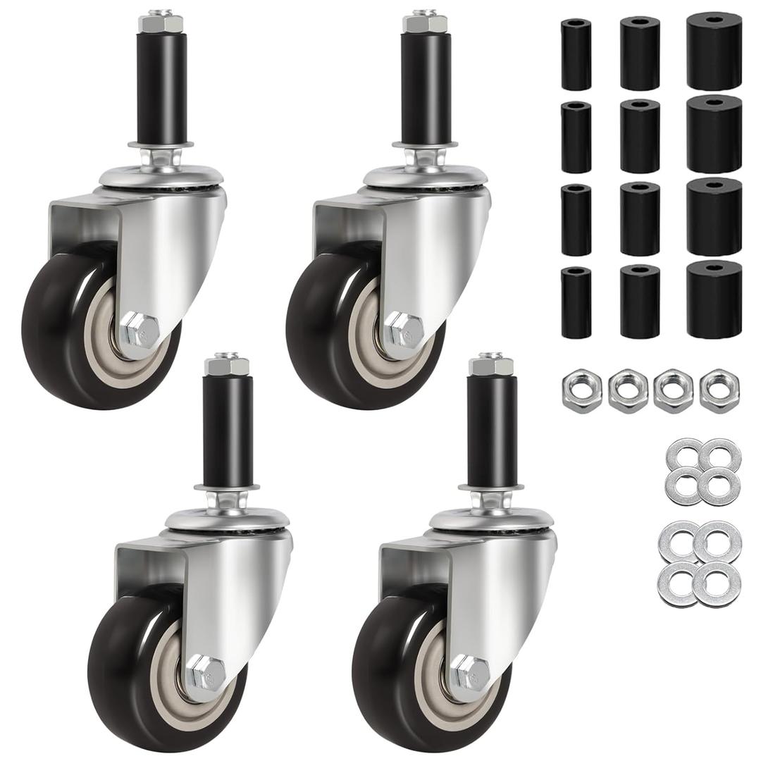 3 Inches Prep Table Wheels, Expanding Stem Casters, Threaded Swivel Casters Set of 4 Heavy Duty Castors Fit 7/8",1-1/4",1-1/2"and 1-5/8"ID Tube Pipe Legs for Stainless Steel Kitchen Cart,Shelving Rack