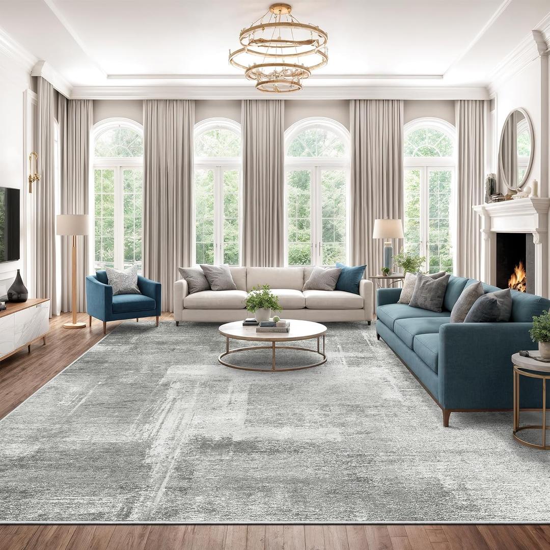 zesthome 10x12 Area Rugs - Large Modern Abstract Washable Rug, Low Pile Living Room Rug, Soft Anti-Skid Indoor Rugs, Non-Shedding Carpets for Bedroom Dining Living Farmhouse Nursery Home Office (Grey/Ivory)