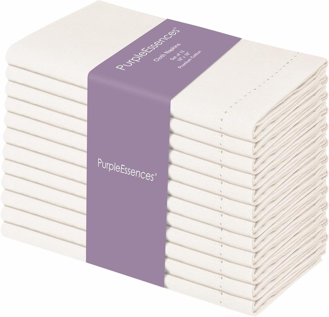 PurpleEssences Set of 12 Hemstitch Cloth Dinner Napkins 100% Cotton - Soft Durable Washable - Ideal for Wedding Spring Easter Summer - Perfect Everyday Use Table Linen 18x18 - Cream