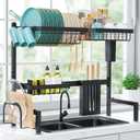 Dish Drying Rack Over The Sink - Large Capacity Stainless Steel Dish Drainer, Multifunctional Kitchen Organizer, Black, 11" D x 30"~33.9''W x 21.5" H