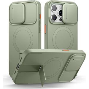 SURITCH for iPhone 15 Pro Max Case with Magnetic Camera Slide Cover and Adjustable Kickstand, Compatible with MagSafe, Shockproof Bumper Case Slim Protective Cover 6.7 Inch, Green