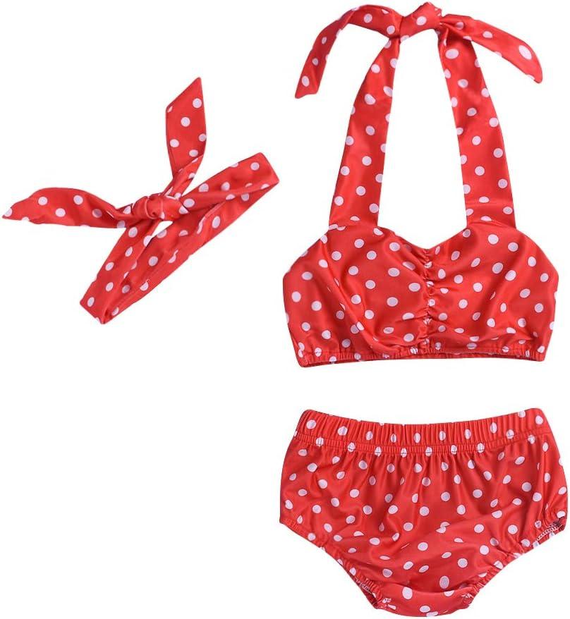 Baby Girl Bikini, Kids Toddler Polka Dot Swimsuits Halter Swimwear Bikinis Set with Headband (6-12 Months, Red)