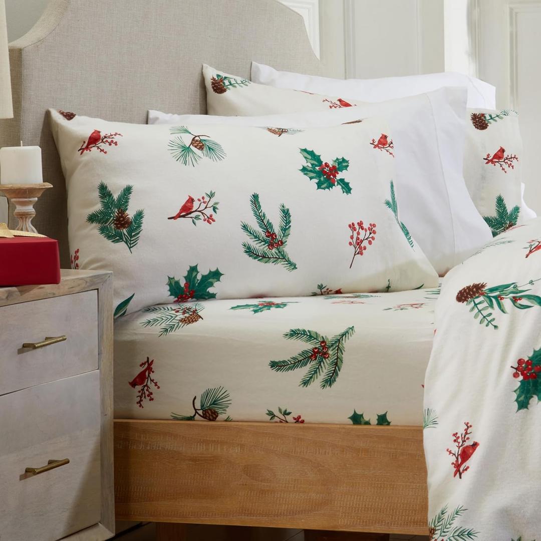 Market & Place 100% Cotton King Flannel Sheet Set | 4 Piece Deep Pocket Novelty Cozy Winter Bed Sheets | Double Brushed for Extra Softness & Comfort | Alpine Collection (King, Cardinal & Pine)