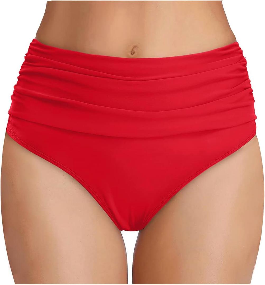 Tempt Me Women's High Waisted Bikini Bottom Tummy Control Ruched Bathing Suit Swim Bottom (Red, M)