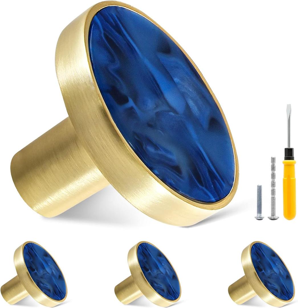 4 Pack Gold Knobs for Dresser Drawers, Brass Dresser Knobs Round Cabinet Knobs for Kitchen Cabinet Cupboard Door Decorative Furniture Hardware, 1-1/4" Diameter, Navy Blue
