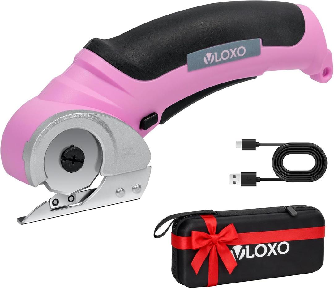 VLOXO Cordless Electric Scissors, Cardboard Cutter with Safety Lock 4.2V Electric Mini Cutter Power Rotary Scissors for Leather Felt Rug Box with Storage Box Pink