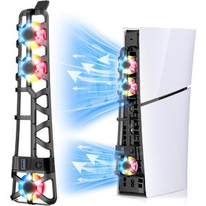 FASTSNAIL RGB Cooling Fan for PS5 Slim Console, Automatic Fan Speed Adjustable by Temperature, Auto Power On/Off, Low Noise Cooling System with RGB LED, USB 3.0 Port, 3 Fans for PS5 Slim (RGB Mode/Black)