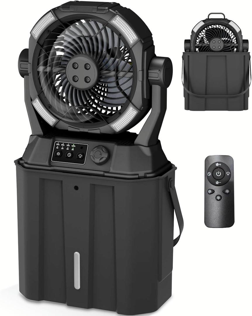 Wilody Portable Misting Fan Rechargeable with Remote Control, 6L Bucket Camping Fan with LED Lights & Stepless Speed Control & Cooling Mist, Portable Handle & Rotate Hook, Timer Function(Jet Black)