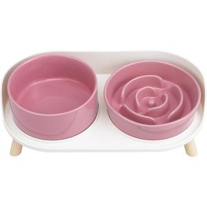 Elevated Slow Feeder Dog Bowls - Ceramic Food and Water Bowl Set with Stand - Raised Pet Dishes for Small and Medium Sized Dogs (Pink)