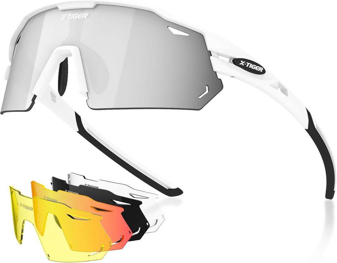 X-TIGER Polarized Cycling Glasses with 5 Interchangeable Lenses,MTB Biking Baseball Running Sports Sunglasses for Men Women (Whiteblack)