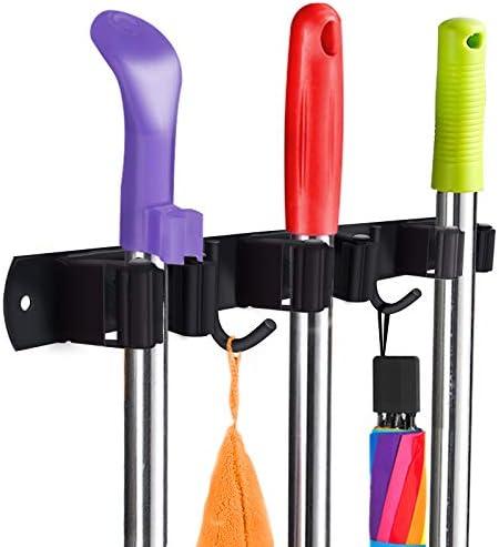 Huryfox Heavy-Duty Stainless Steel Broom Holder, Black, Wall Mount, 1-4 cm Diameter Compatible, Adjustable, 3 Racks, 2 Hooks, Space-Saving