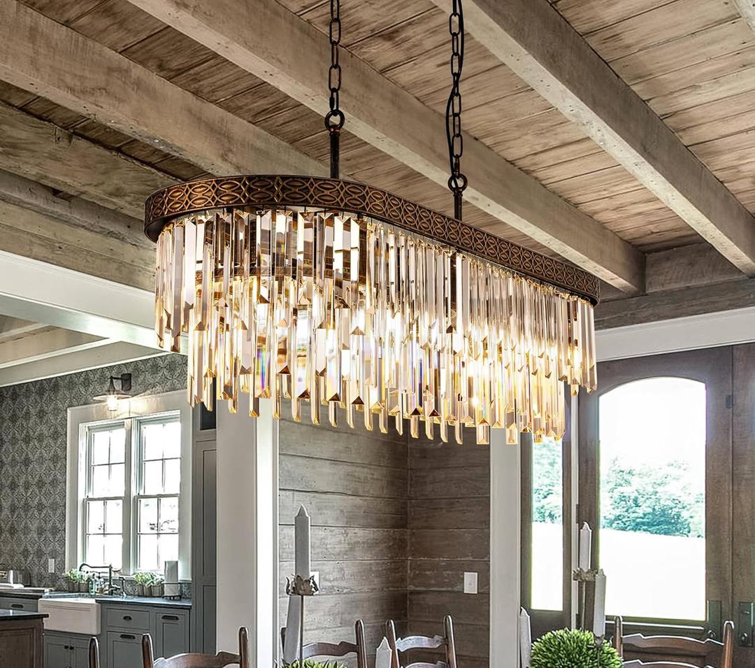 Wellmet Crystal Chandelier, Vintage Crystal Pendant Light, 7-Light Farmhouse Kitchen Island Chandelier, for Dining Room, Living Room, Kitchen, Restaurant