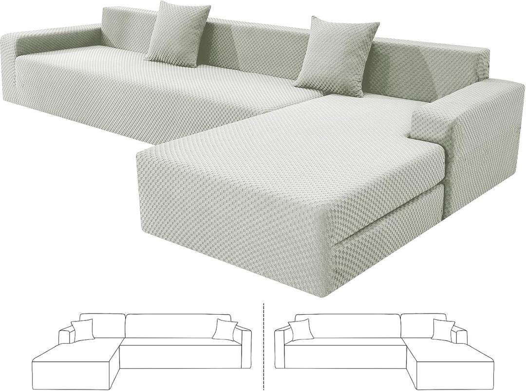 ZNSAYOTX Sectional Couch Covers, Stretch Jacquard Slipcovers with Elastic Bottom for L-Shape Sectional Sofa, 2 Pcs Pet Friendly Comfort Modular Sofa Protector (3 Seat Couch + 3 Seat Chaise, Ivory)