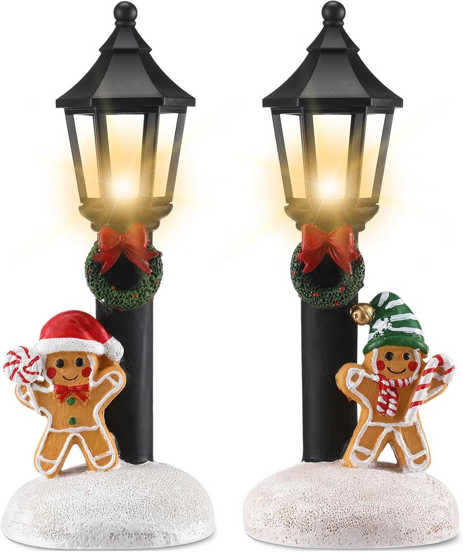 2 Pcs Christmas Lighted Table Decor 10" Resin Figurine Table Centerpiece with Light up Streetlights Battery Operated Xmas Mini Street Statue Glow for Home Fireplace Shelf(Black Streetlight)