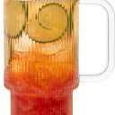 KEMORELA Large 26oz Clear Glass Mug with Handle and Sliding Lid  Aesthetic Ribbed Tumbler for Iced Coffee, Smoothies & Hot Drinks  Reusable Travel Cup with Straw, Dishwasher Safe (Ribbed Tumbler)