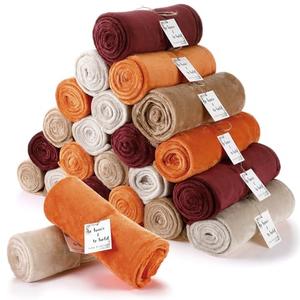 Windkream 24 Pack Flannel Throw Blankets Bulk 50 x 60 Inch Wedding Fleece Blankets with Thank You Card Soft Blanket for Winter Valentines Guests Sleepover Spa Gifts, 4 Colors (Shades of Terracotta)