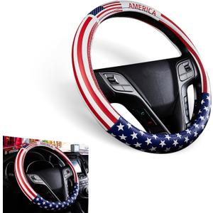 1 PC Car Steering Wheel Cover, 38cm American Flag Design Breathable Leather Rubber Inner Ring Steering Wheel Cover, Personalized Modification Accessories, Suitable for Most Models (Red & Blue)