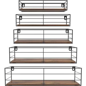 CRUGLA Floating Wall Shelves Set of 5, Wall Mounted Bathroom Shelves, Hanging Storage Shelf for Bathroom, Kitchen, Bedroom, Living Room (Brown)