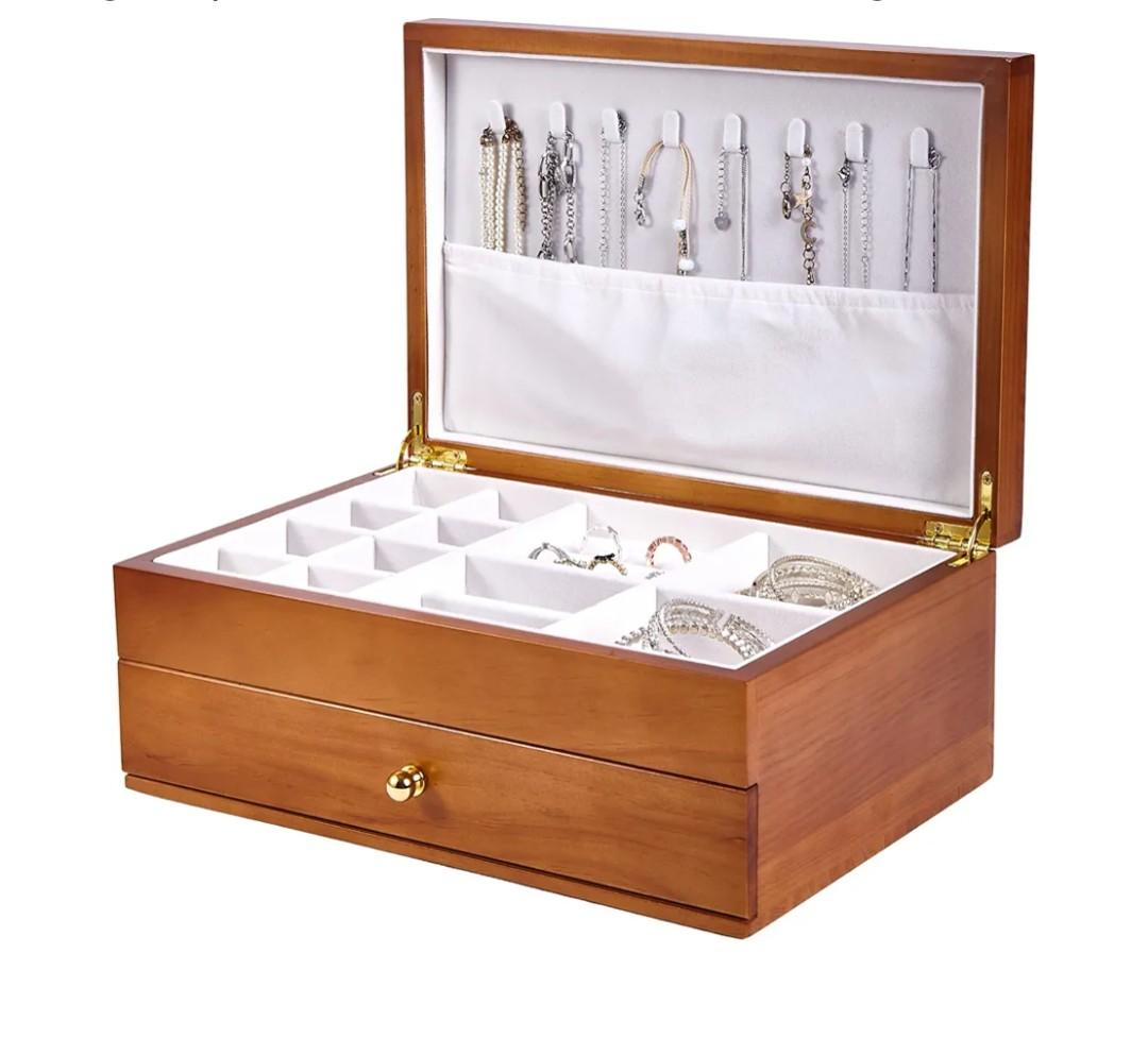 EURIELK Wooden Jewelry Box with Drawer, Medium Size Real Natural Solid Wood, 2Layer Vintage Organizer with Earring Storage, Ring Compartments, Necklace Hooks