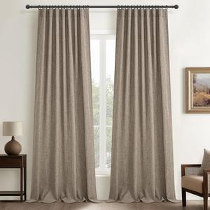 Living Room Pleated Linen Curtains 108 Inches Long 2 Panel Sets, Farmhouse Natural Burlap Light Filtering Ceiling Track Semi Sheer for Bedroom Privacy Dark Flax Tan Windows Drapes 52"W x 108"L