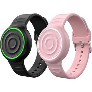 Waterproof AirTag Bracelet for Kids, Soft Silicone AirTag Watch Band Holder, Adjustable Wave Ripple AirTag Bracelet Wristband, Compatible with Apple AirTag(1st & 2nd Gen), Black/Pink