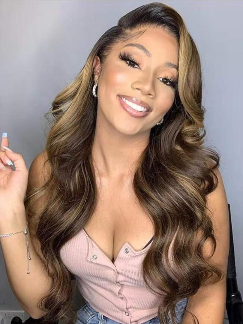 NOSTALGIA Long Brown Wavy Wig Brown Mixed Blonde Highlight Side Part Wigs for Women Natural Hairline Synthetic Wigs for Women Daily Party Use, Brown Mixed Blonde, 28 Inch