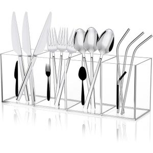 Acrylic Cutlery Storage Organizer Bin with Straw Holder, Clear Acrylic Silverware Caddy Utensil Holder 4 Section Plastic Cutlery Caddy Straw Organizer for Countertop Kitchen Party Buffet Picnic (10.43 x 2.56 x 4.33 inches / 26.5 x 6.5 x 11 cm)