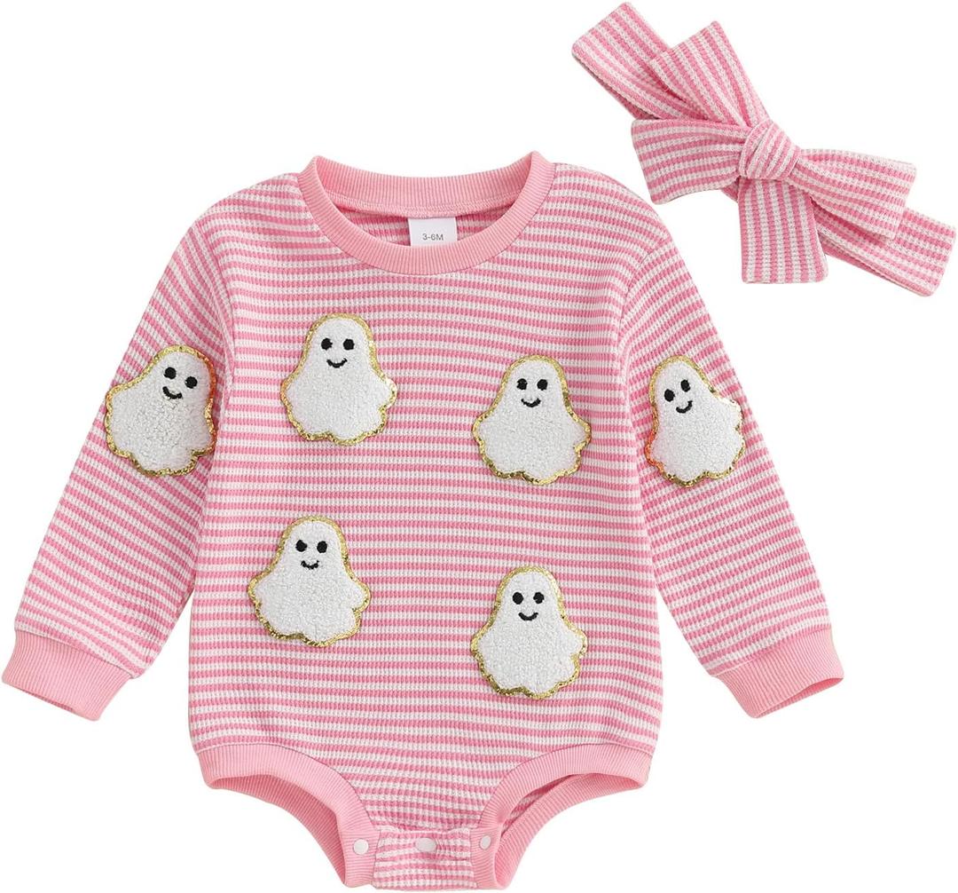 Newborn Baby Girl Halloween Outfit Pumpkin Stripe Long Sleeve Waffle Knit Romper Infant Bodysuit Fall Winter Clothes (3-6 Months, Pink)