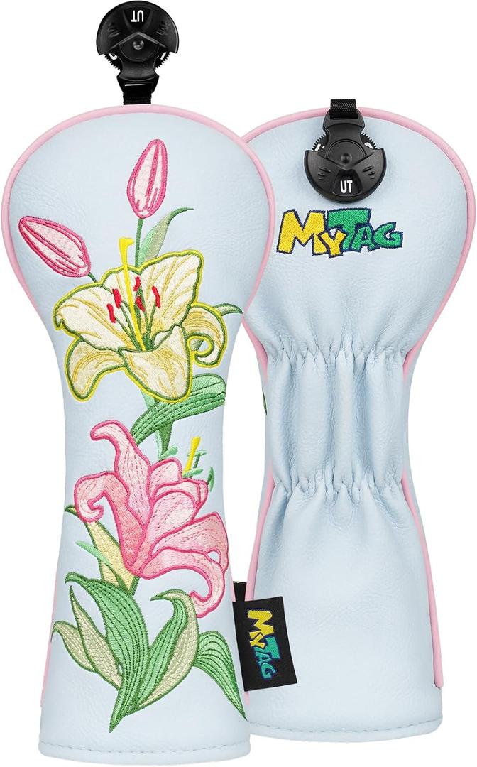 Lily Golf Head Covers, Cute Golf Club Head Cover for Girl Women | Heavy Embroidery, Premium Leather Durable & Wear-Resistant Headcover, Light Blue